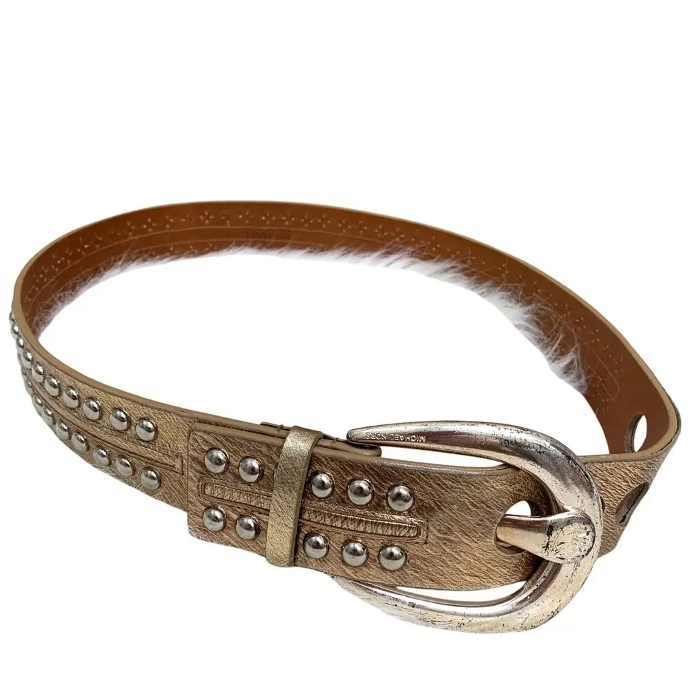 MICHAEL KORS Gold Leather Vintage Studded Belt Silver Buckle Sz SMALL